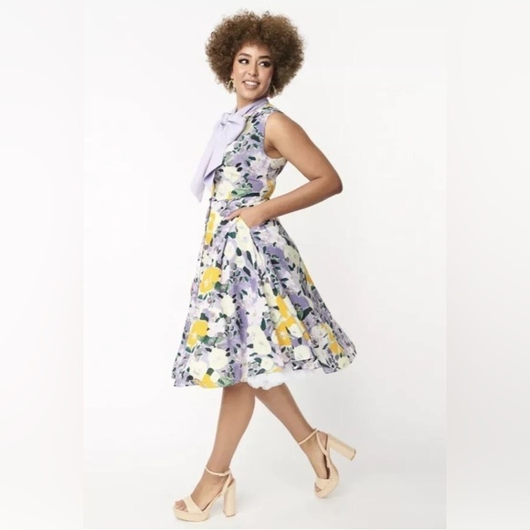 NWT Unique Vintage Purple and Yellow Floral Sleeveless Swing Dress Sz 3X - Picture 12 of 12